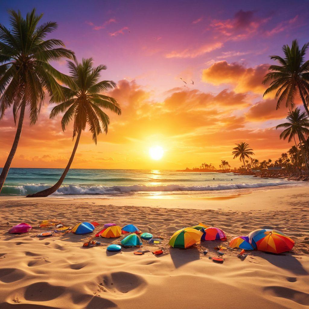 A vibrant summer beach scene featuring colorful beachwear laid out on a sandy beach, with a sun-kissed sunset in the background. Include joyful people of diverse backgrounds playing beach volleyball and laughing, surrounded by palm trees and beach umbrellas. The ocean waves gently lapping at the shore adds to the uplifting mood. Capture the essence of summer joy and vibrancy. super-realistic. vibrant colors. 3D.