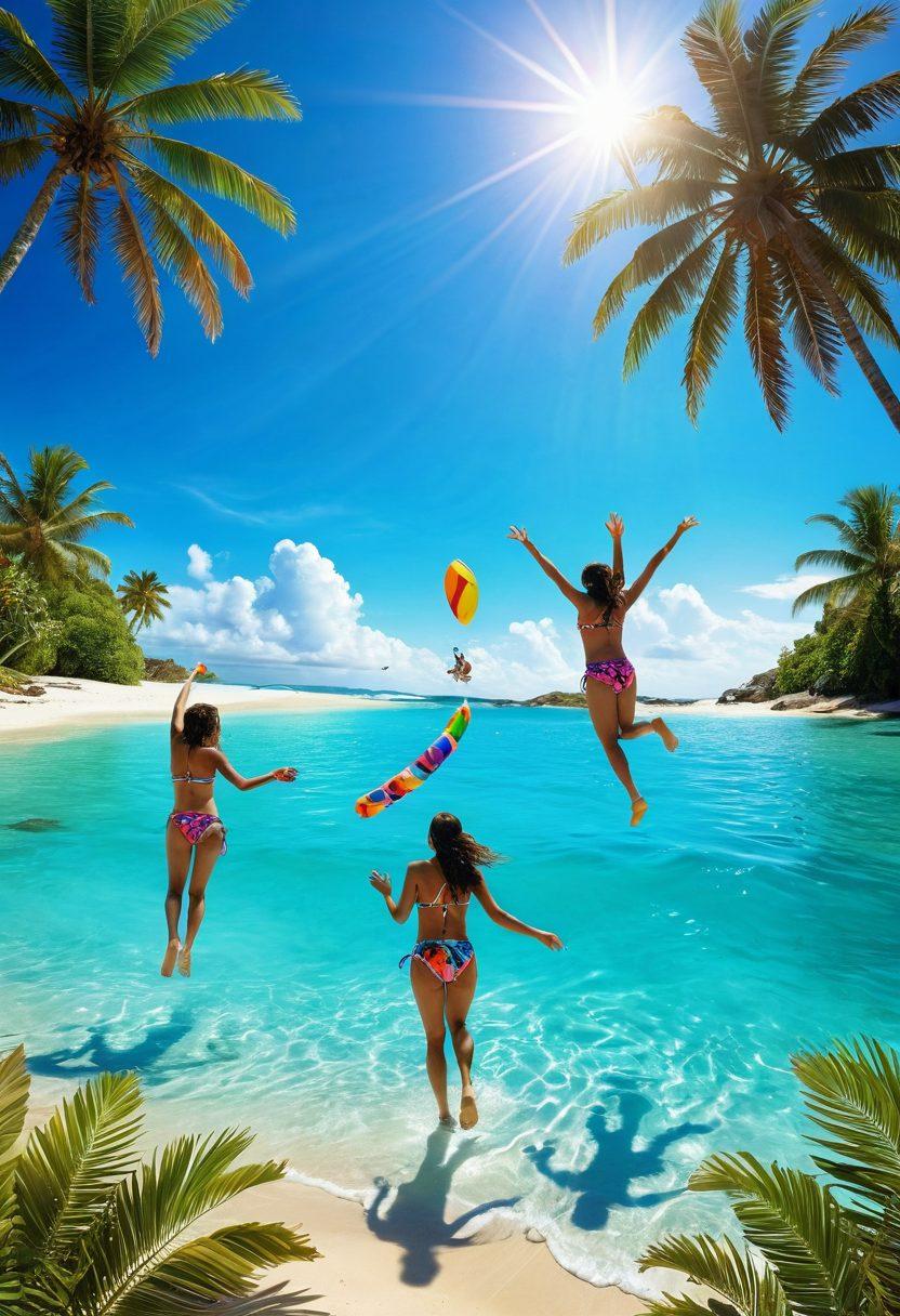 A vibrant beach scene showcasing a diverse group of friends joyfully swimming in crystal-clear waters, adorned in colorful, stylish swimwear that reflects emotional fashion. Lush tropical palm trees sway in the background while musical notes float through the air, symbolizing the tropical tunes surrounding them. Sunlight sparkles on the waves, and a bright blue sky complements the playful ambiance. surrealistic. vibrant colors. 3D.